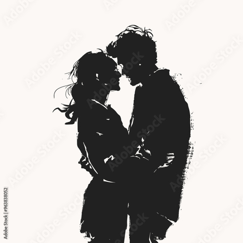 Silhouette of a couple in an intimate embrace against a white background.