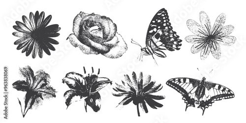 Flower, butterflies, with halftone stipple effect, for grunge punk y2k collage design, with monochrome photocopy effect,