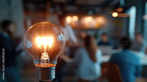 A close-up of a lit bulb, with blurred office workers in the background, symbolizing brainstorming and teamwork.