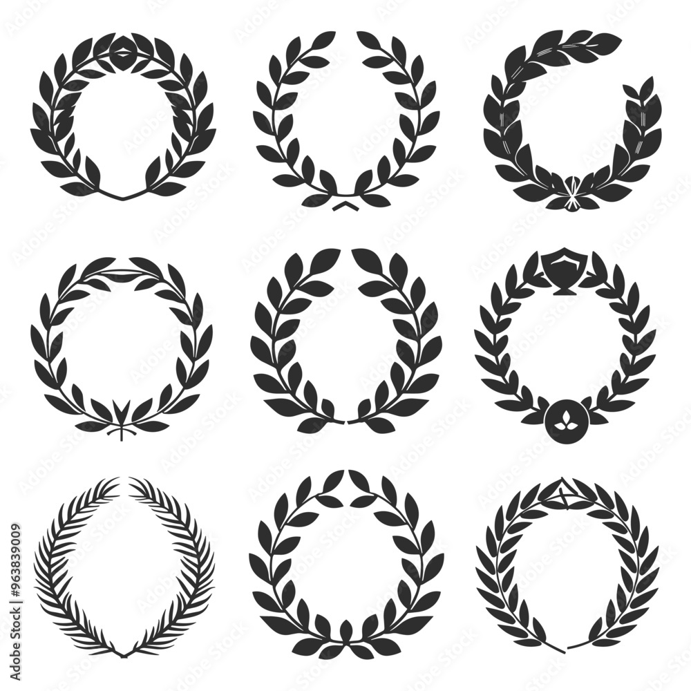 Black laurel wreath icons set on white background, symbolizing victory and achievement. Black laurel wreath icons set on white background, symbolizing victory and achievement.
