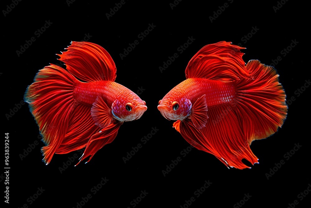 Beautiful movement of red betta fish, Two Fancy Halfmoon Betta, The moving moment beautiful of Siamese Fighting fish, Betta splendens, Rhythmic of Betta fish isolated on black background. Beautiful movement of red betta fish, Two Fancy Halfmoon Betta, The moving moment beautiful of Siamese Fighting fish, Betta splendens, Rhythmic of Betta fish isolated on black background.