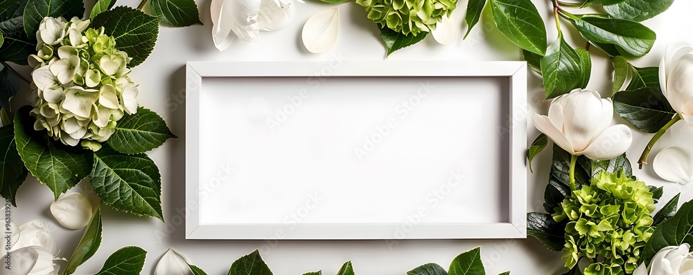 White Flowers and Green Leaves Surrounding a Blank White Frame White Flowers and Green Leaves Surrounding a Blank White Frame