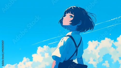 青空を見上げる短い黒髪の少女を描いた美しいアニメスタイルのイラストです。