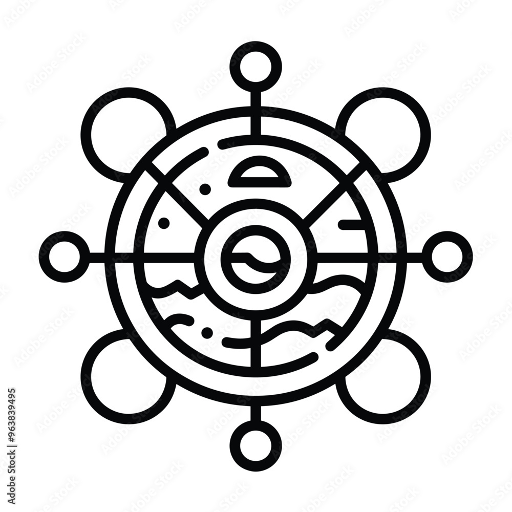 Abstract black and white nautical-themed geometric illustration with wavy lines and circular elements. Abstract black and white nautical-themed geometric illustration with wavy lines and circular elements.
