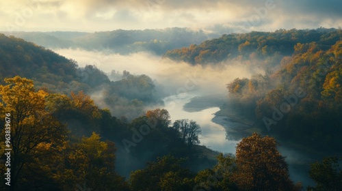 Misty Morning Over a River Winding Through Autumnal Forest