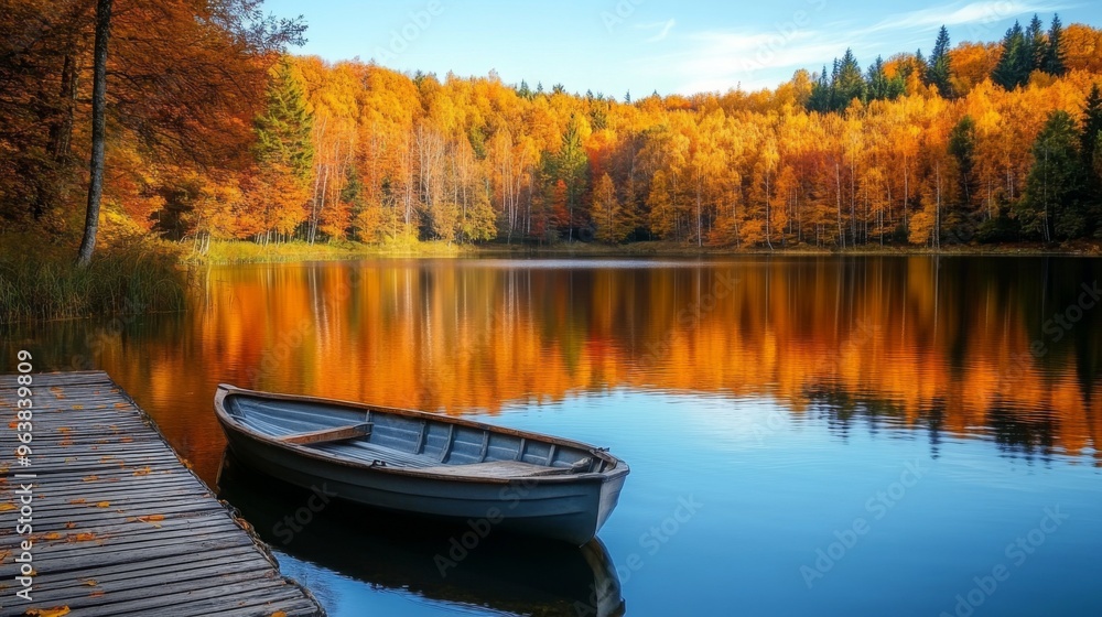 Autumnal Forest Reflected in Still Lake with a Small Boat Docked Autumnal Forest Reflected in Still Lake with a Small Boat Docked
