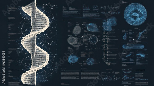 A series of images of DNA and other biological structures. Scene is scientific and complex