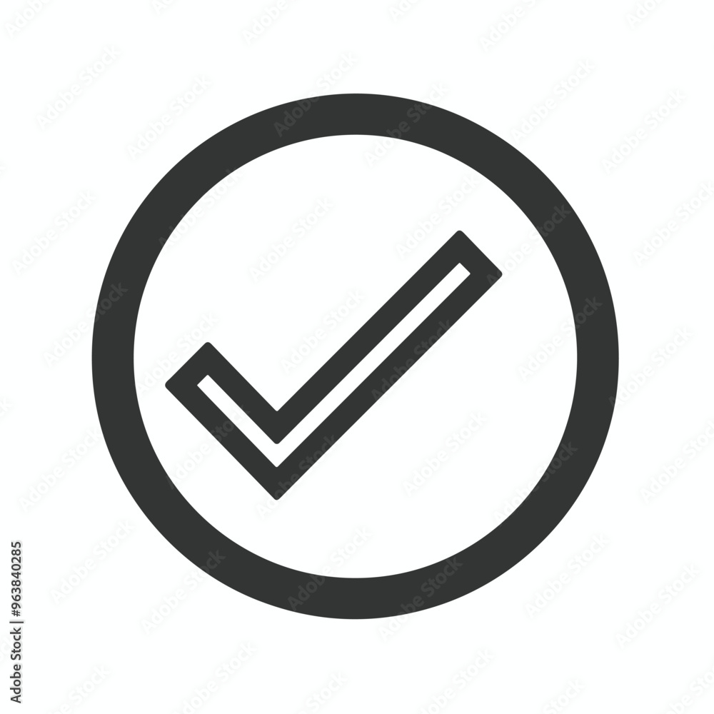 A bold black checkmark inside a black circle on a plain white background. A bold black checkmark inside a black circle on a plain white background.