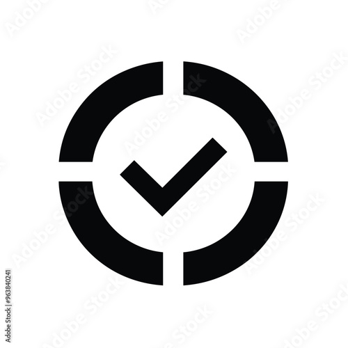 Black check mark within a circular segmented frame on a white background.
