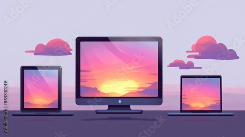 Three computer monitors are displayed on a table, each with a different image. The first monitor shows a sunset, the second a cloudy sky, and the third a mountain range photo