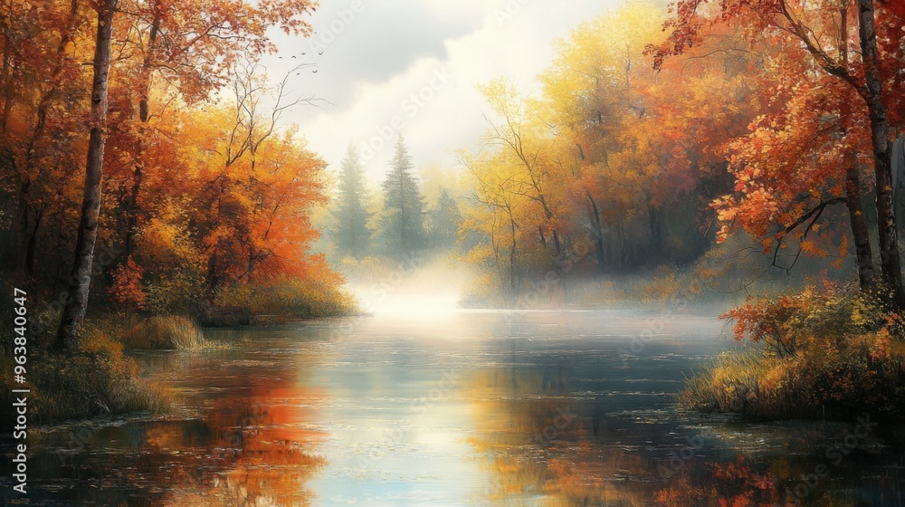 Serene Autumn River Scene with Foggy Forest Serene Autumn River Scene with Foggy Forest