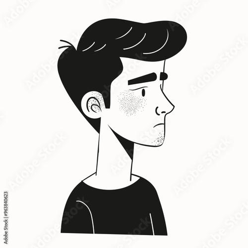 Black and white illustration of a young man looking pensive with a simple hairstyle and casual attire.