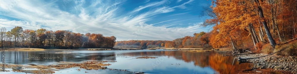 Serene autumn landscape showcasing a river, sky, and trees by the water's edge. Serene autumn landscape showcasing a river, sky, and trees by the water's edge.