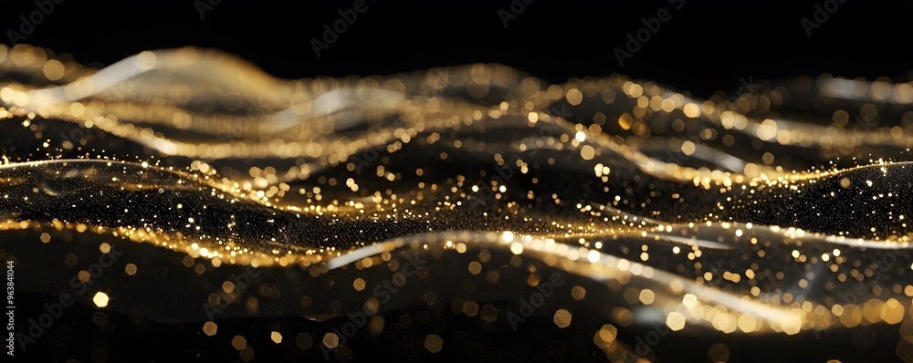 Abstract Golden Glitter Waves Against Black Background Abstract Golden Glitter Waves Against Black Background