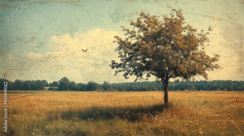 A tree stands in a field with a bird flying in the sky. The scene is peaceful and serene, with the tree providing a sense of calm and tranquility