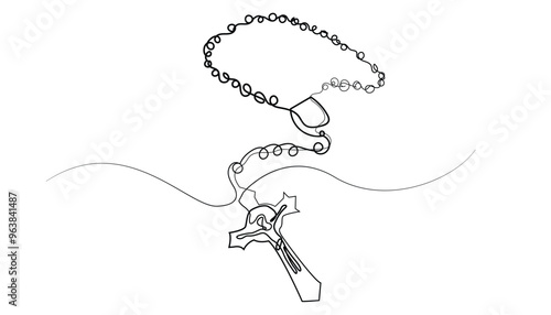 continuous line of rosary necklace.one line drawing of rosary with crossed jesus.single line vector illustration.isolated white background