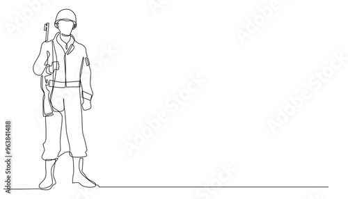 continuous line of soldiers.single line drawing of soldiers standing with fire rifles.single line vector of patriotic troops,military forces,national defense.vector illustration