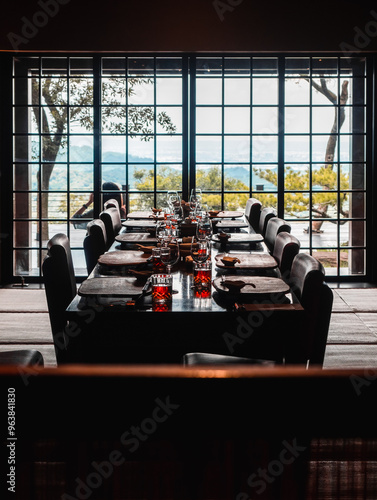 Seating with a view in the style of a Japanese restaurant.