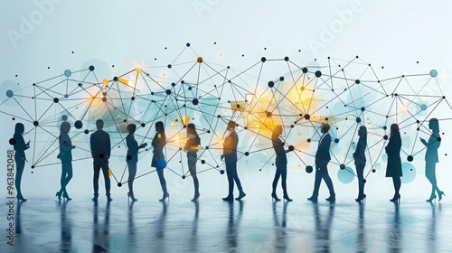 an illustration of a networking event, with professionals mingling, exchanging contact information, and discussing business opportunities photo