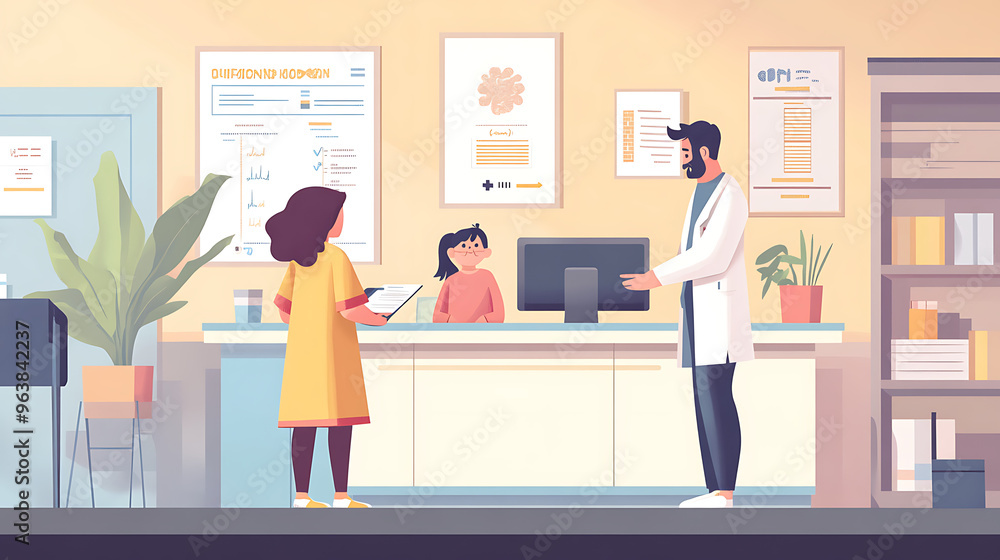 7. A parent and their child standing by the doctor's desk, where the doctor is reviewing the child's health records on a computer. The room is decorated with calming colors and has medical posters 7. A parent and their child standing by the doctor's desk, where the doctor is reviewing the child's health records on a computer. The room is decorated with calming colors and has medical posters