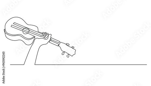 continuous line of ukulele.drawing of one line of hand holding ukulele.single line of ukulele for holiday background.