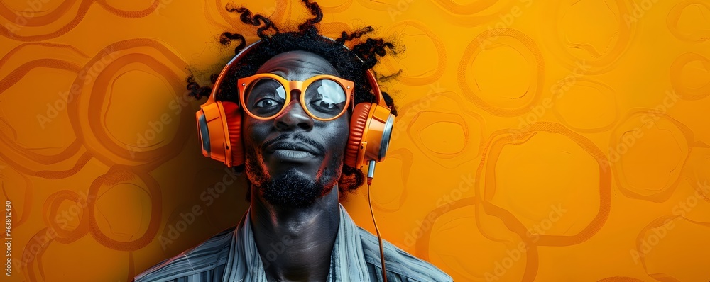 A young black man wearing orange headphones and sunglasses against an orange background A young black man wearing orange headphones and sunglasses against an orange background