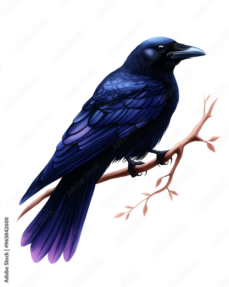 Fototapeta premium Halloween raven clipart, spooky bird element, watercolor illustration, crisp details, black raven perched on branch, isolated on white background