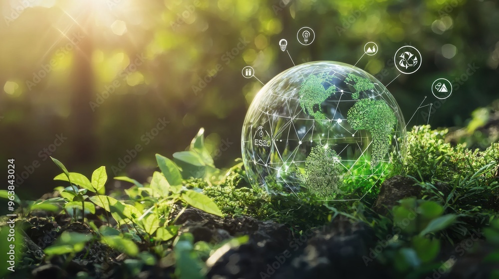 Sustainable Global Growth and Environmental Preservation Concept with Moss Covered Sphere Sustainable Global Growth and Environmental Preservation Concept with Moss Covered Sphere