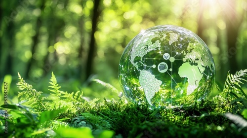 Crystalline Globe in Lush Green Forest Reflecting Sunlight