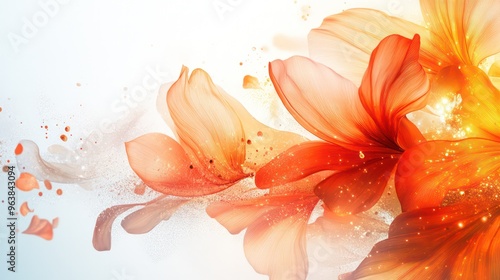 A colorful flower with a white background. The flower is orange and has a lot of detail