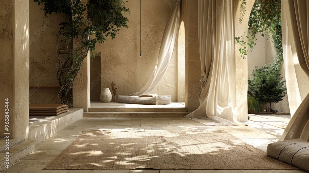 A sunlit interior with beige walls, a large rug, and flowing curtains. A sunlit interior with beige walls, a large rug, and flowing curtains.