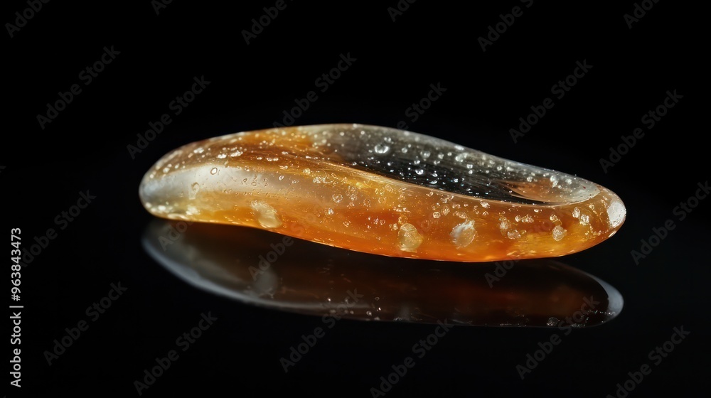 Obraz premium A small, round, orange object with a dark background. The object is shiny and has a reflective surface