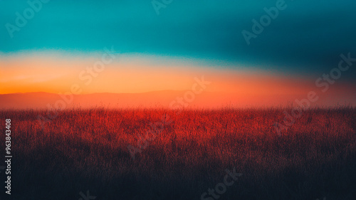 Vibrant sunset over a serene grassland landscape with dramatic sky colors