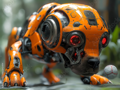 Image of a futuristic and high-tech robot dog playing with a ball.