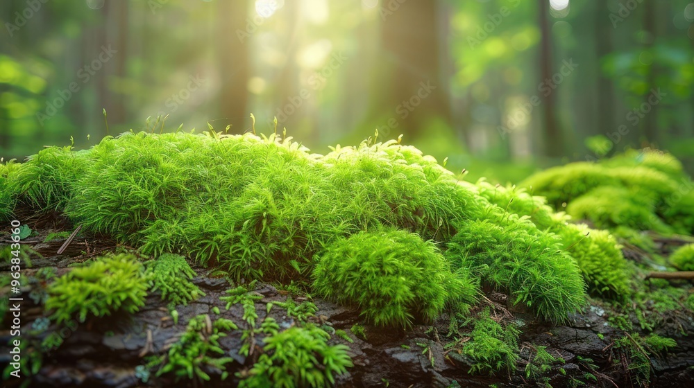 Lush green moss covering a fallen log in a forest, with the sun shining through the trees in the background. Lush green moss covering a fallen log in a forest, with the sun shining through the trees in the background.