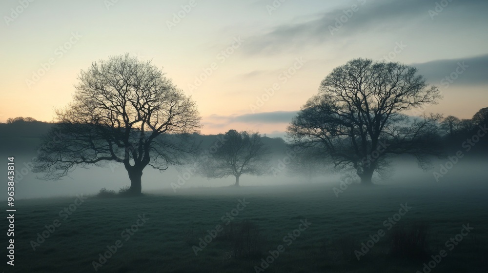 Silhouetted Trees in a Foggy Meadow at Dawn Silhouetted Trees in a Foggy Meadow at Dawn