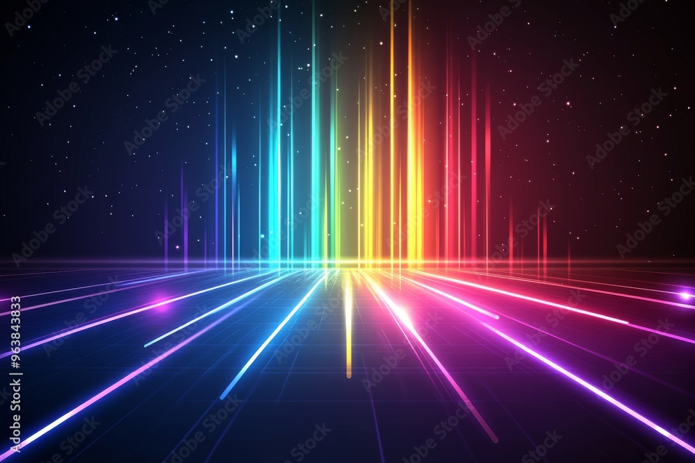 Digital flow cosmic energy and tech connectivity vertical rainbow beams of light in a digital landscape symbolizing vibrant energy modern tech and futuristic innovation Digital flow cosmic energy and tech connectivity vertical rainbow beams of light in a digital landscape symbolizing vibrant energy modern tech and futuristic innovation