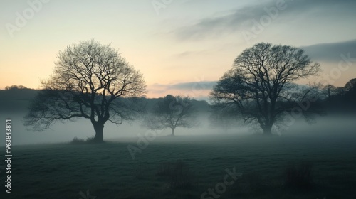 Silhouetted Trees in a Foggy Meadow at Dawn