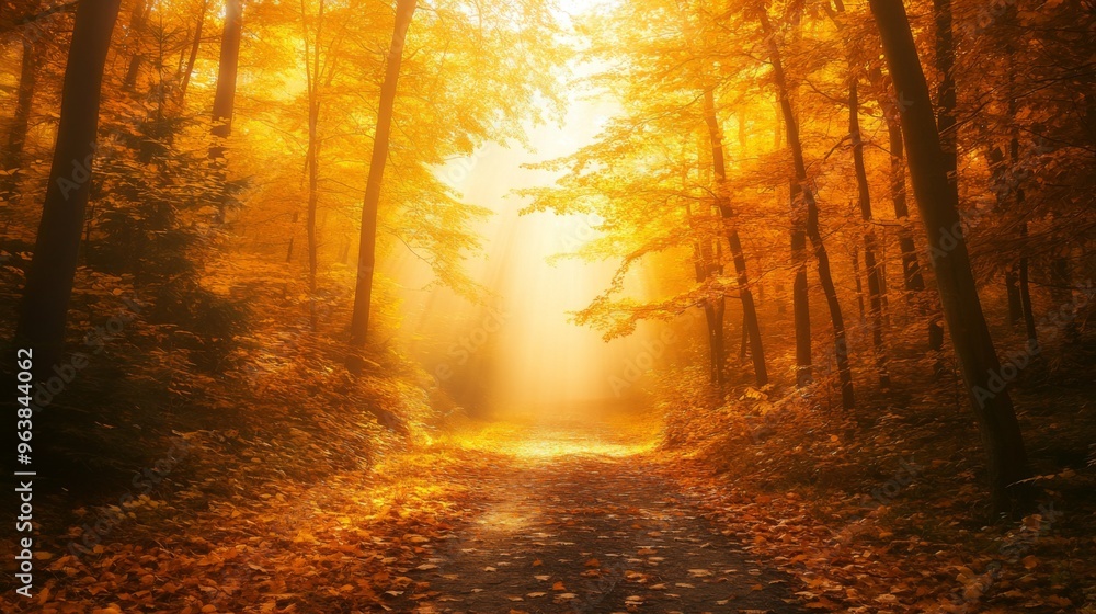 Naklejka premium A Sunlit Path Through an Autumnal Forest