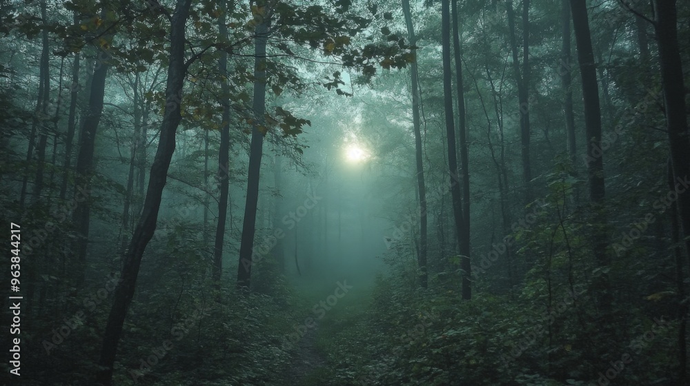 Sunbeams Shining Through Dense Fog in a Forest