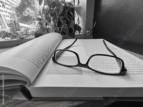 Open book with reading glasses.  photo