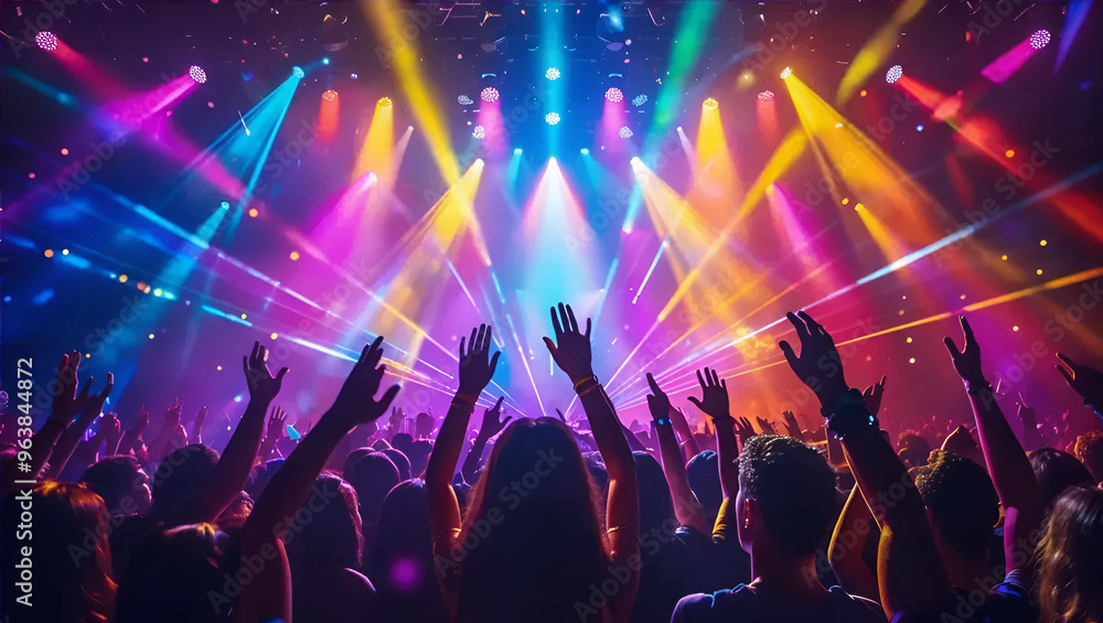 Vibrant concert crowd with hands raised and colorful light beams Vibrant concert crowd with hands raised and colorful light beams