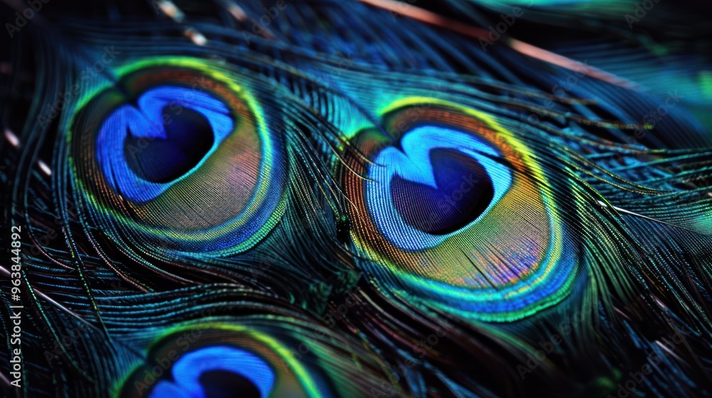 Naklejka premium A close-up of vibrant peacock feathers showcasing iridescent blue, green, and gold hues.