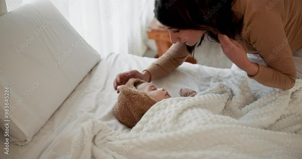 Mother, baby and sleep in bed with blanket cover, calm and rest of child with support and care. Woman, bonding and love in a bedroom from above with protection, relax and morning nap for development Mother, baby and sleep in bed with blanket cover, calm and rest of child with support and care. Woman, bonding and love in a bedroom from above with protection, relax and morning nap for development