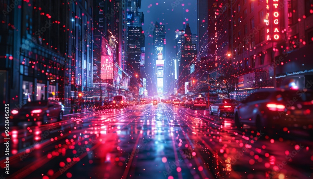 Obraz premium fiber optic wire speaking through nyc streets at night, visible red light, 3d objects, gradients