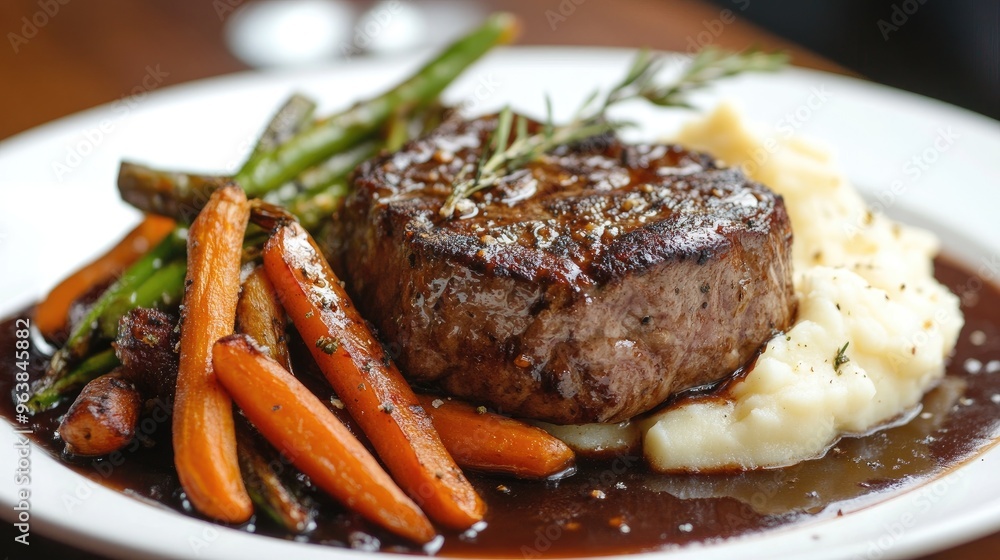 A perfectly cooked plate of meat served with mashed potatoes and roasted vegetables, presenting a delicious, balanced meal. A perfectly cooked plate of meat served with mashed potatoes and roasted vegetables, presenting a delicious, balanced meal.