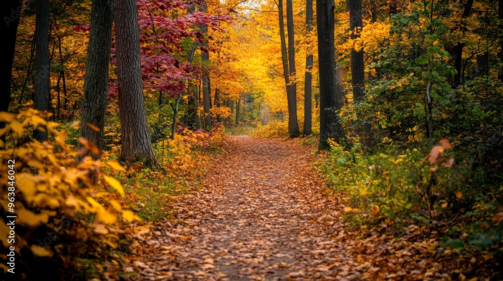 Obraz premium Path Through Autumn Forest with Colorful Leaves