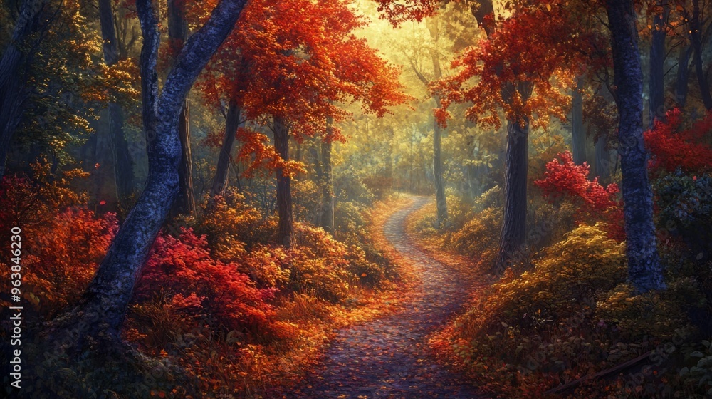 A Serene Path Through a Vibrant Autumn Forest A Serene Path Through a Vibrant Autumn Forest