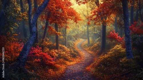 A Serene Path Through a Vibrant Autumn Forest photo