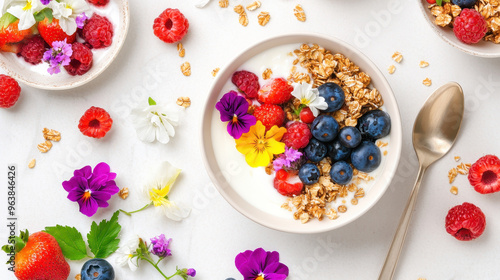 Fresh probiotics yogurt bowl topped with assorted berries, granola, and edible flowers on a light marble background, colorful and vibrant presentation